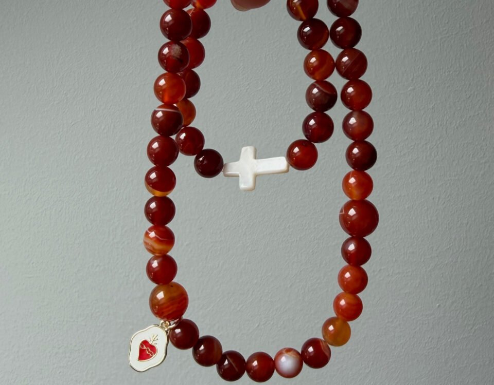 Rosario Sagrado Corazon de Jesus rojo fuego con cruz blanca nacar